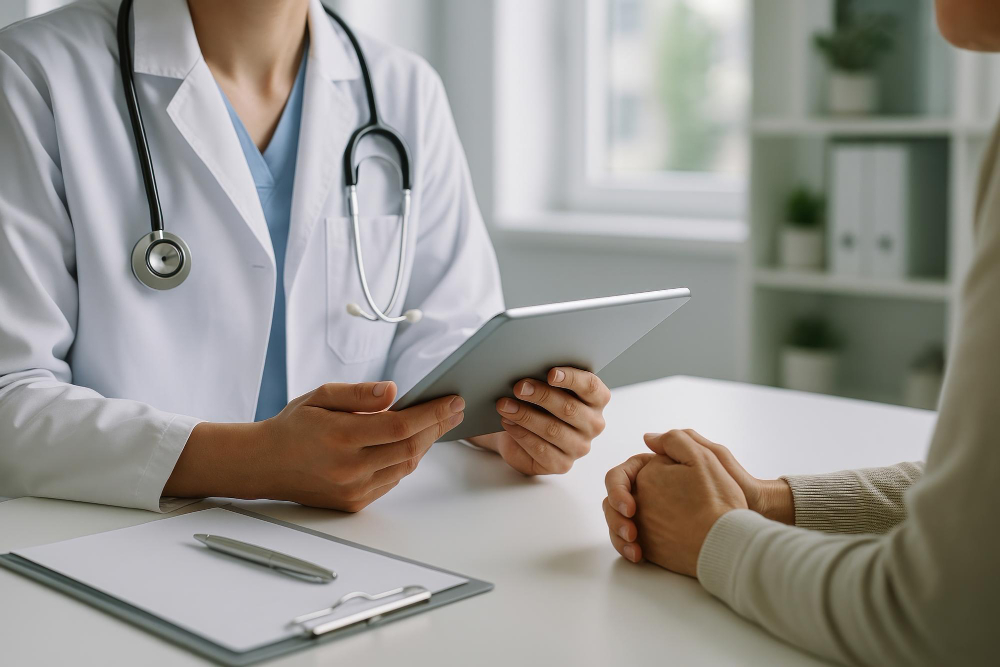 Profissional de saúde com estetoscópio segura um tablet durante consulta, enquanto paciente está sentada à frente em consultório.