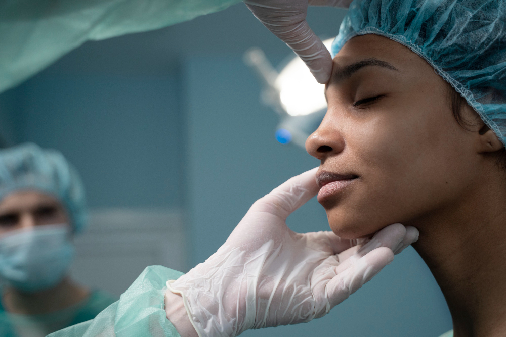 Uma mulher sendo examinada antes de uma cirurgia estética.