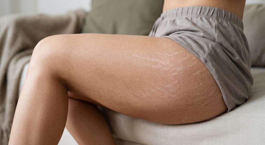 Coxa de uma pessoa com estrias visíveis enquanto está sentada em um sofá.